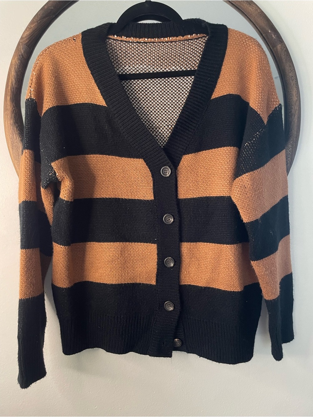 ROMWE Black & Tan Striped V-Neck Button Cardigan